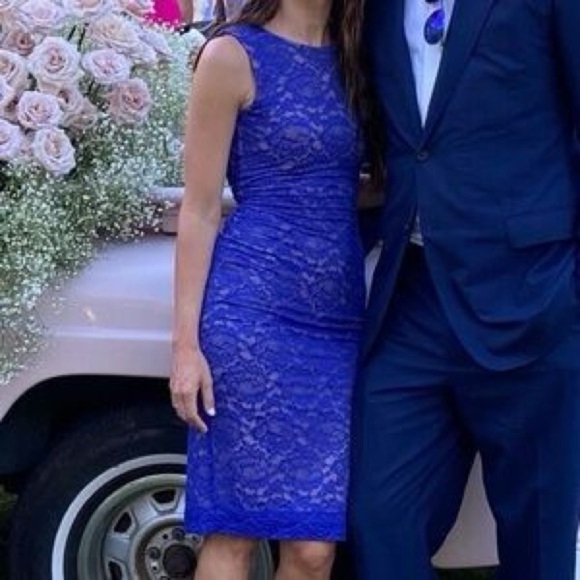 NWT! Dress The Population Blue V-Back  Embroidered Lace Bodycon Midi Dress SZ XL - Picture 5 of 11